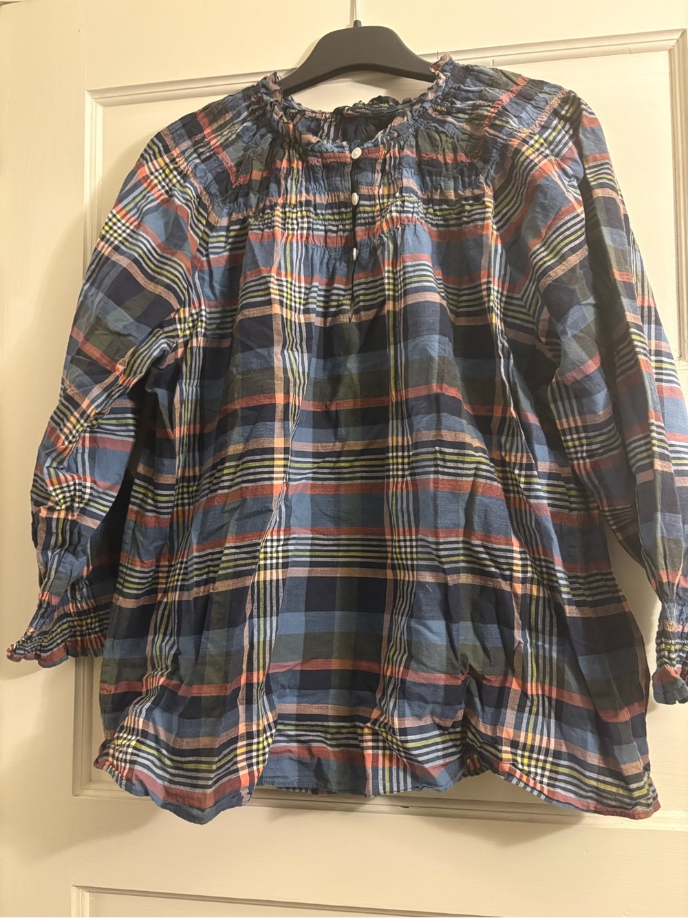 Brooks Brothers Plaid Smocked-Neck Long Sleeve Top - Blue Multi.